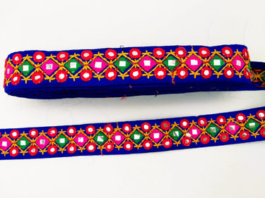Blue Multicoloured Indian Mirror Trim Kutch Embroidered Navratri Garba Dress Trim Bridal Lace, Indian Sari Border 34 mm Wide Trim Per Yard